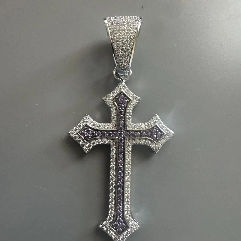 Silver Plated Purple Cubic Zirconia Cross Pendant 24” Necklace Unisex Hip Hop